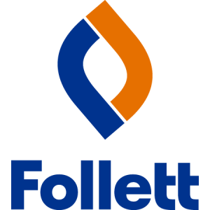 Follett in yellow and a yellow and blue flame. 