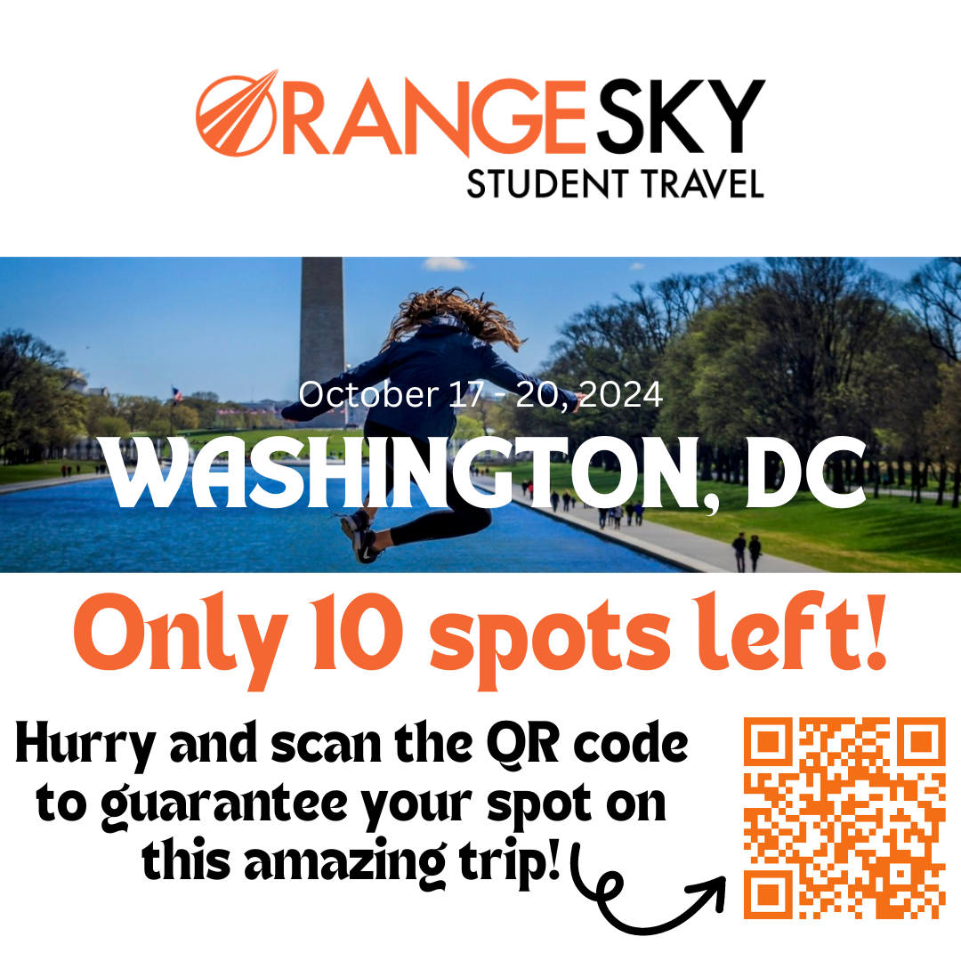 Picture is of a student jumping in front of the Washington Monument with the QR code in orange.