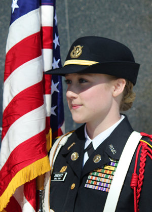 Army ROTC cadet Battalion Commander Rebekah E. Sweatt received the Legion of Valor Bronze Cross for Achievement during a Veterans Day event.