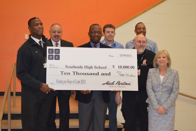 L to R: Southside High Principal Carlos Brooks; Assistant Superintendent for High Schools Dr. Ken Peake; School Board Member Kenneth Baxter; Blake Coleman; Darryl McCune; Computer Science Teacher Tom Rogers; and Curriculum Resource Teacher Kathleen Stables.