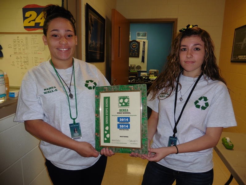 Cadets Francis Burgess and Ashley Zucchi participated in recycling events that earned Berea High the South Carolina Green Steps Award.
