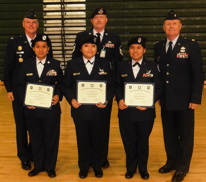 Front Row, L to R: Top Performer Cadets Maria Ruiz, Christina Diego and Diana Ruiz.<br />Back Row, L to R: Colonel James Dowis, Berea  High Air Force JROTC Senior Aerospace Science Instructor, Master Sergeant Bobby Williams, Berea High Aerospace Science Instructor, and Major Donald Bailey, Headquarters Air Force Junior ROTC Region 6 Regional Director.