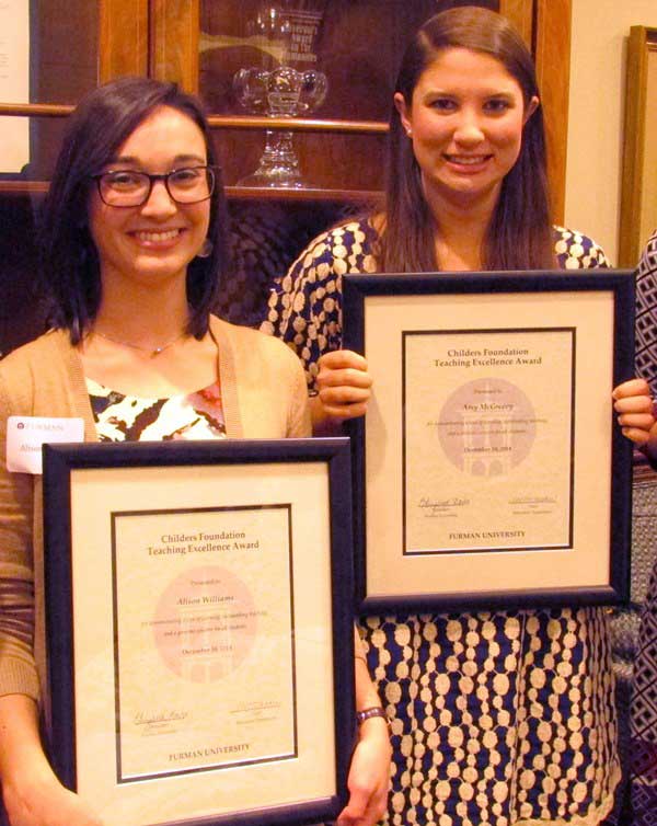 Alison Williams, left, and Amy McGreevy have earned the Childers Foundation Teaching Excellence Award from Furman University.