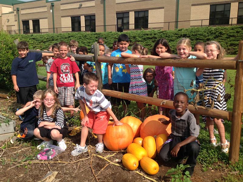 group of students around harvested pumpkins