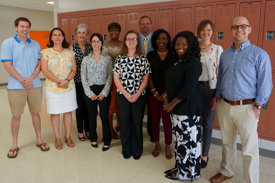 Photo caption, left to right: Ben Saul – Tanglewood Middle, Ildi Everly – Wade Hampton HS, Dr. Debra Lee – Clinical Program , Rebecca Nelson – Greer Middle, Debra Workman – Ralph Chandler Middle, Leslie Wiggins – Woodmont High, Dr. Gary Mason- Deputy Superintendent, Jasmine Ford – Lakeview Middle, Dr. Monica Ragin – Berea Middle, Cam Erion – Ralph Chandler Middle, Justin Phillips – Mauldin High. Not pictured: Angela Austin – Lakeview Middle, Christian Knatt – Southside HS.