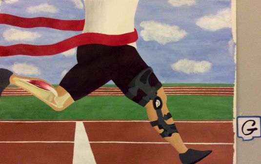 artwork showing someone crossing the finish line in a track race
