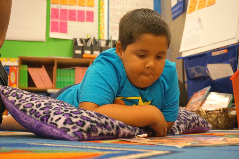 Elementary student prone, reading a book