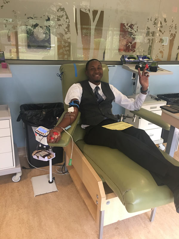 Tanglewood Principal, Dr. Anderson giving blood to benefit victims of Hurricane Harvey