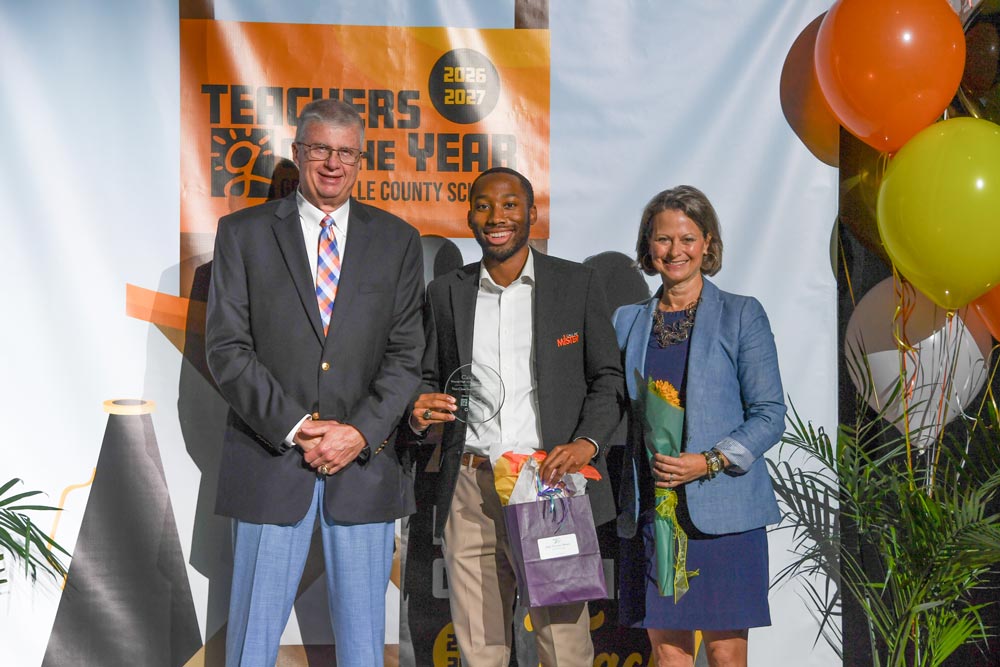 Dr. Burke Royster, Caleb Brown, Secondary First Class Teacher Award Winner, Catherine Schumacher, Public Education Partners