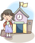 Decorative graphic of a young girl in front of a school house