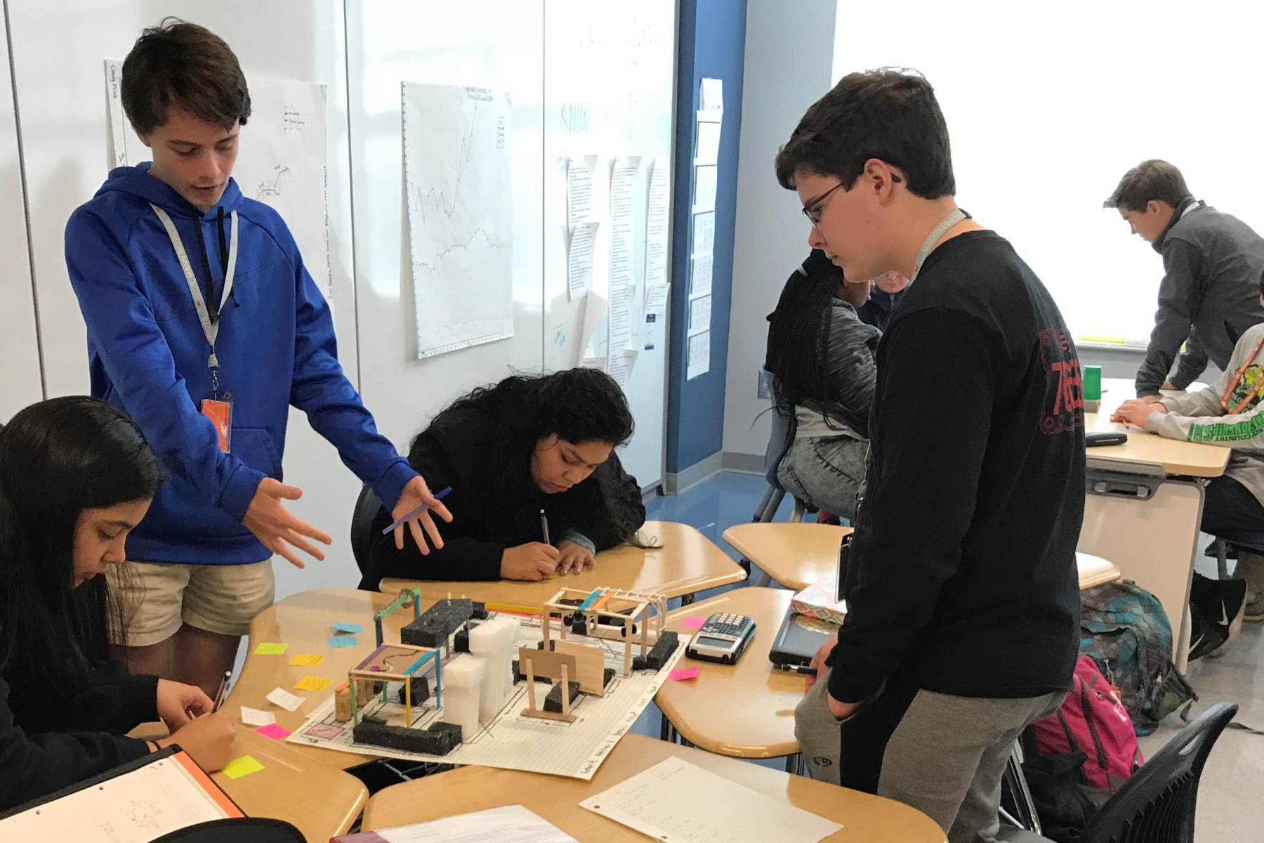 A group of high schools students working on a robotics project