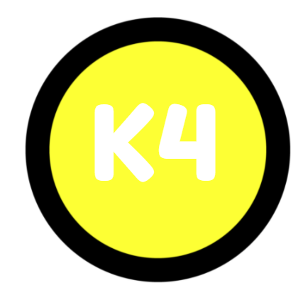 yellow circle with thick black outline with K4 written inside in white