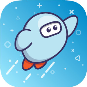 light blue round robot soaring through blue outer space with streaks of white stars