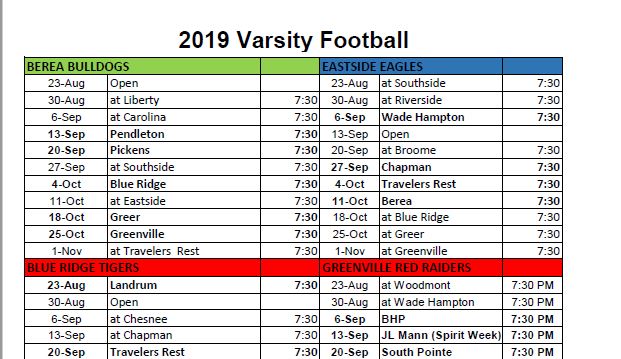 Varsity Football Schedules Available