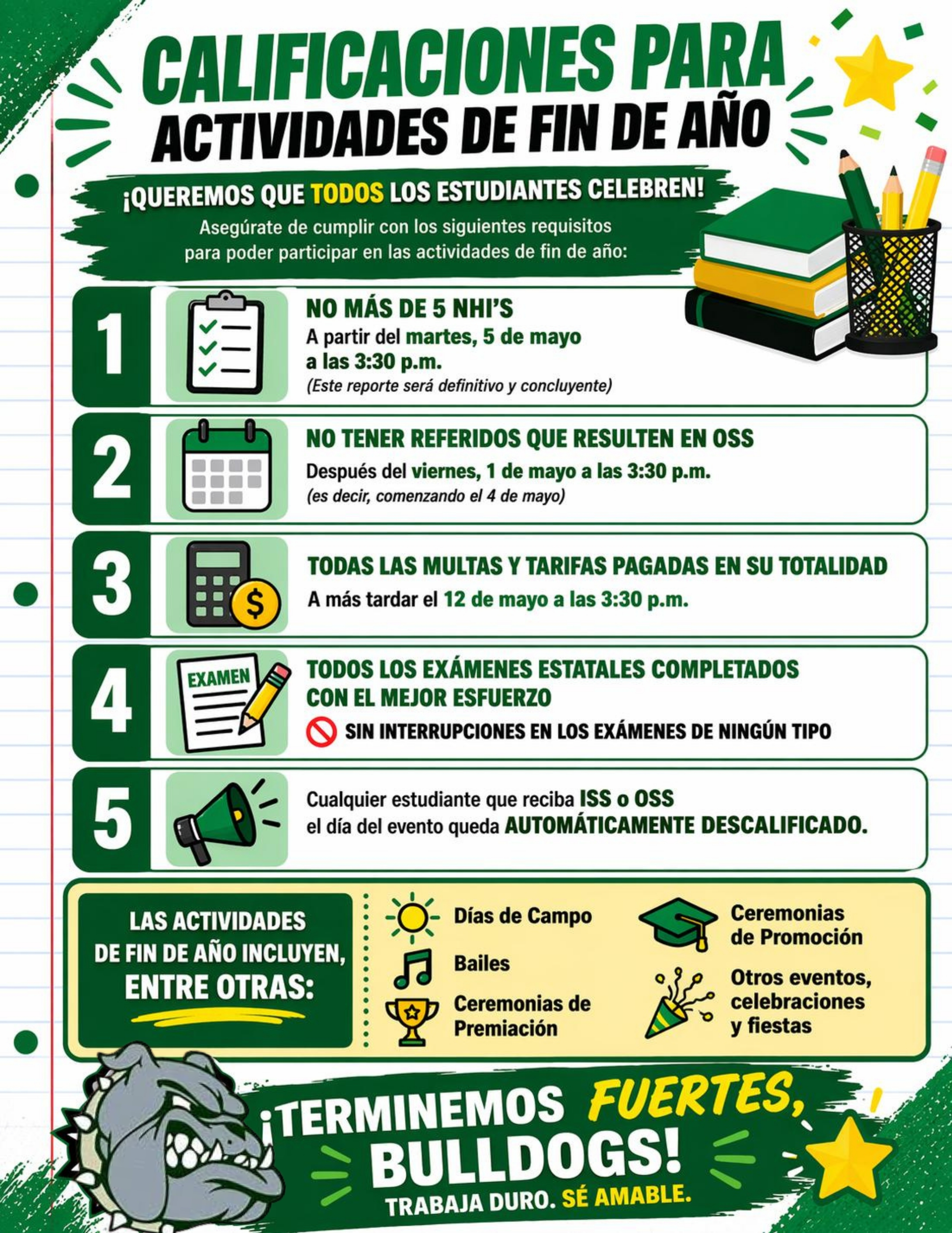Calificaciones para actividades de fin de ano