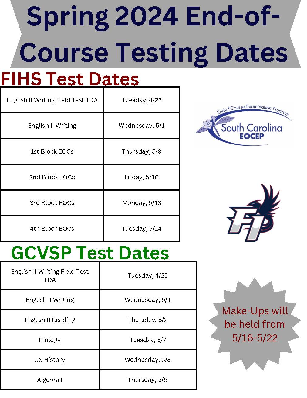 FIHS Spring Test Schedule
