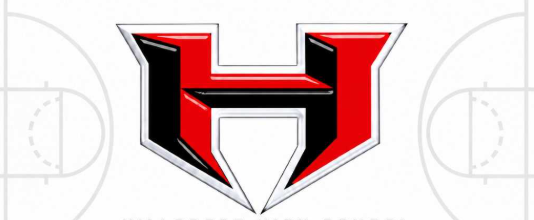 Graphic is white background with gray basketball court lines and the traditional red, black, and white "H".