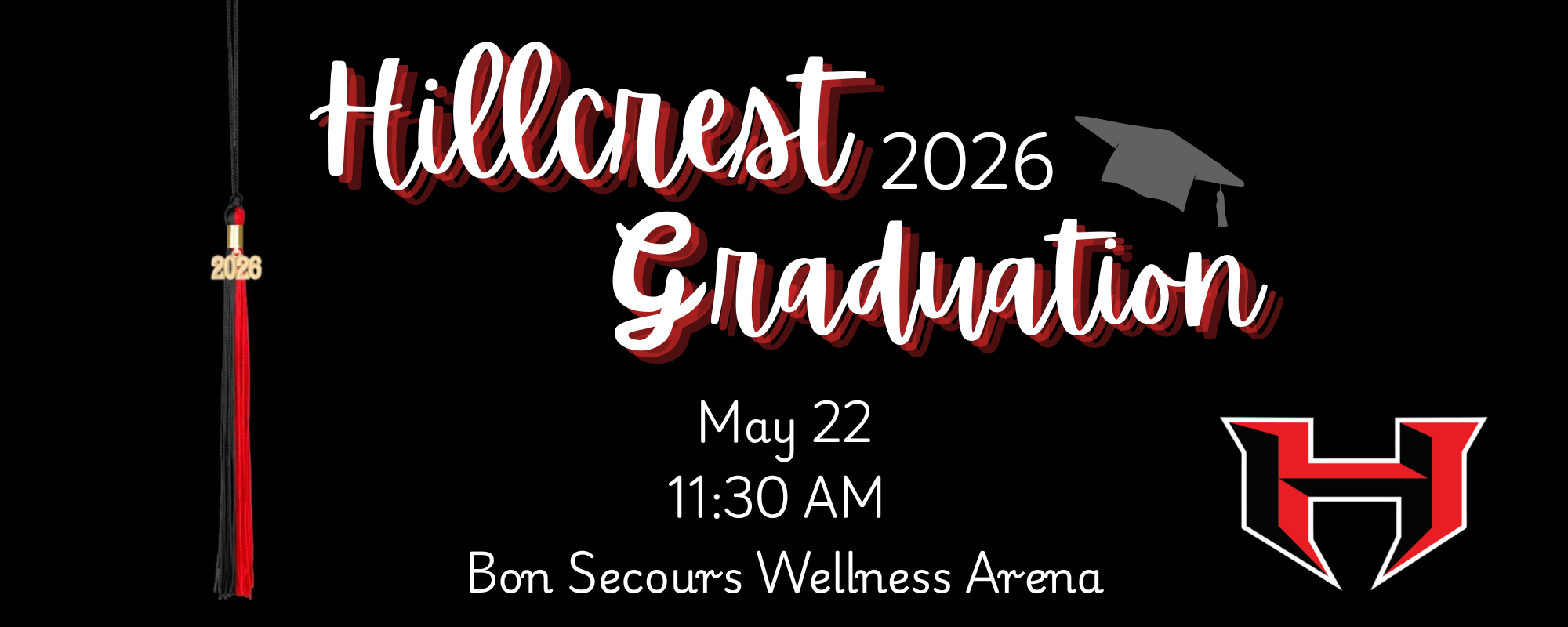 black graphic with white and red graduation words