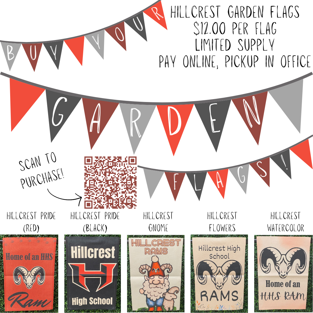 Image is red gray and white with pictures of HHS garden flgs and a flag banner