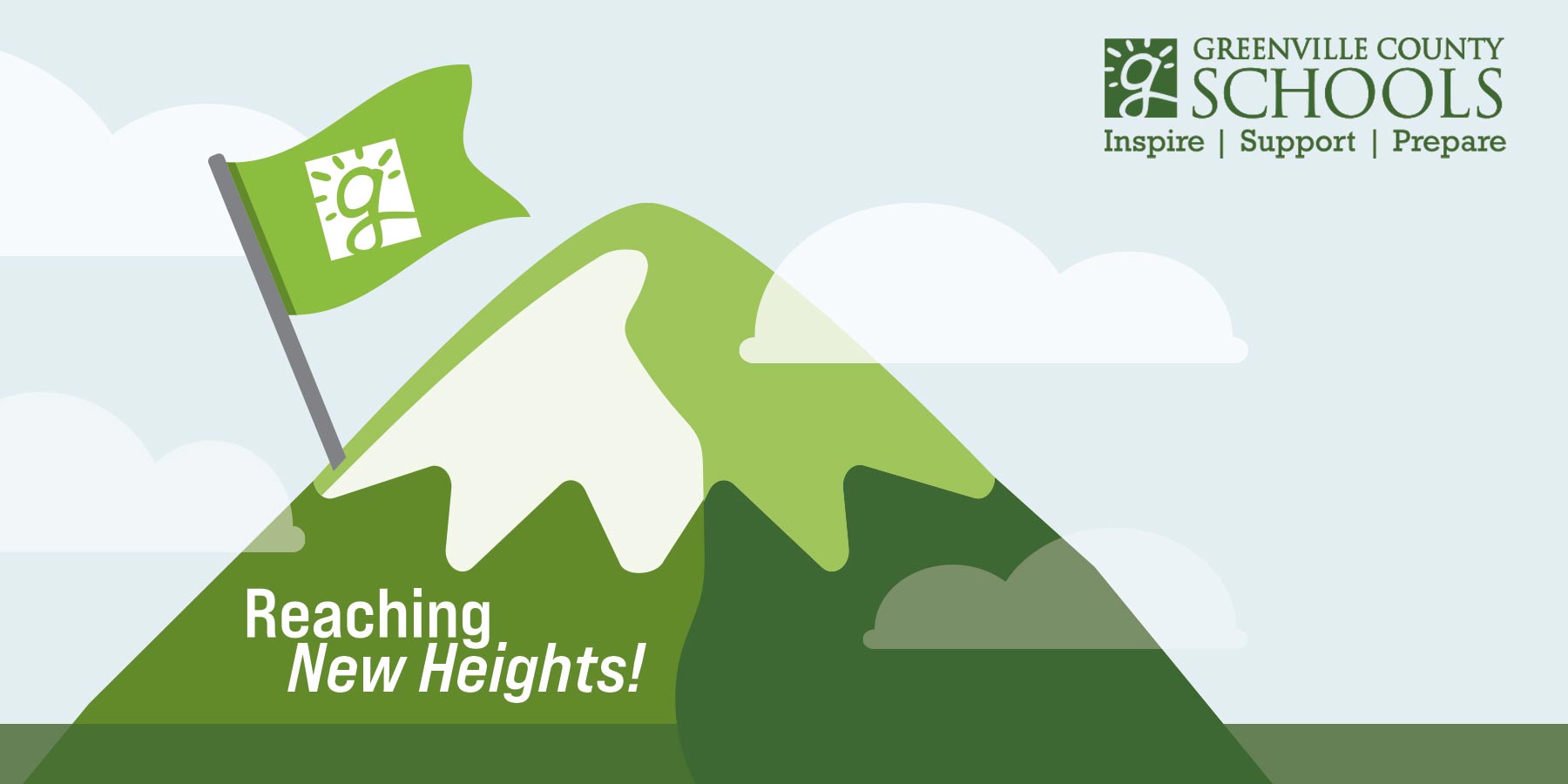 Reaching New Heights - Mountain with a GCS G logo on a flag at the top