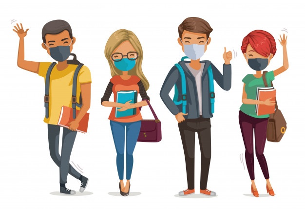 illustration of four students wearing face coverings