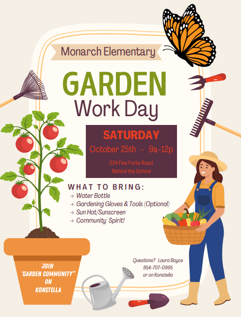 Light background with tomato plant, garden tools, and woman carrying a basket of garden harvest with details of the event