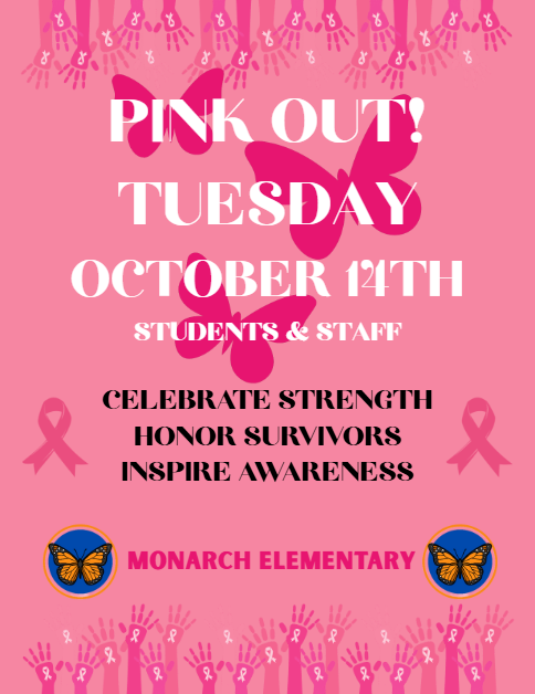 Pink graphic with butterflies, ribbons, and hands with ribbons bordering the top and bottom with text details of the Pink Out
