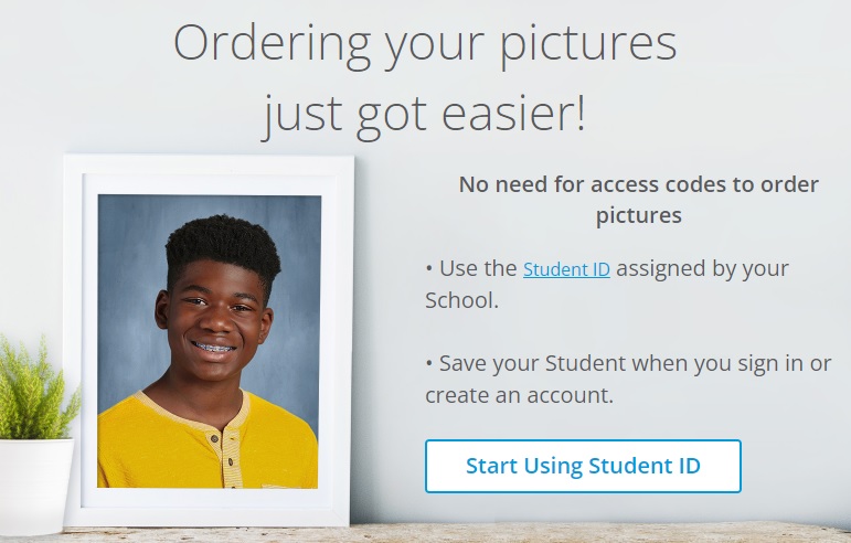 Example of a school picture.  Ordering your pictures just got easier! No need for access codes to order pictures.  Use the assigned Student ID when you sign in or create an account.