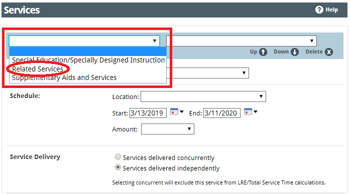 dropdown to select type of service