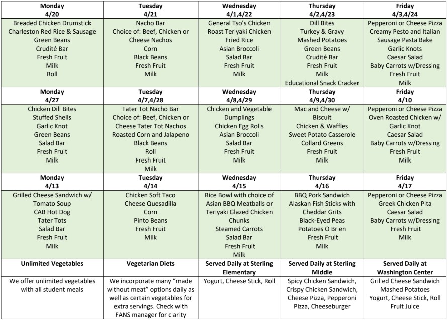 April Lunch Menu