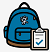 Blue backpack with small g on it. Clipboard sitting in front right corner of backpack.