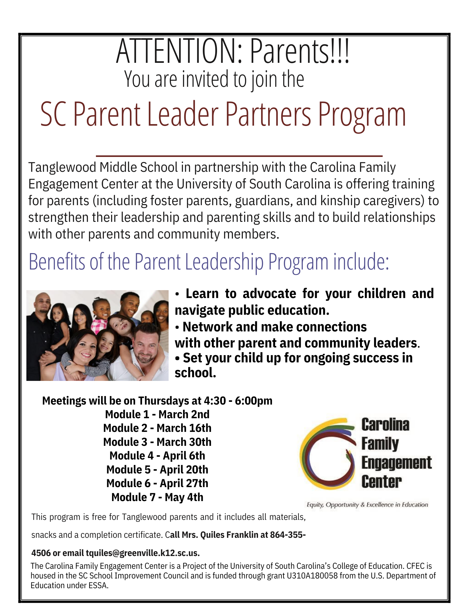 SC Parent Leadership Flyer with same info that appears in this announcement, photo of adults with children logo of Carolina family engagement center yellow, green blue red swirl