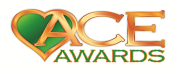 The word ACE in gold font with a green heart the word award in green below. 