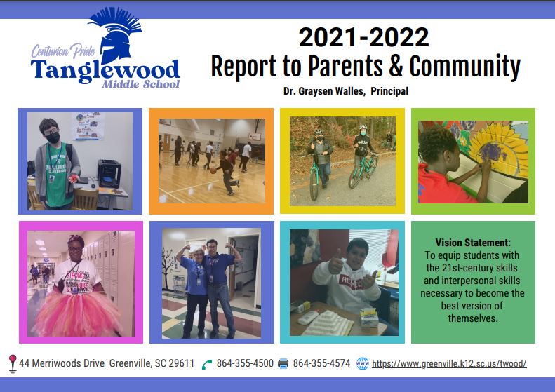 image of first page of report that has pictures of students and staff and the words 21-22 Report to Parents and Community school contact information
