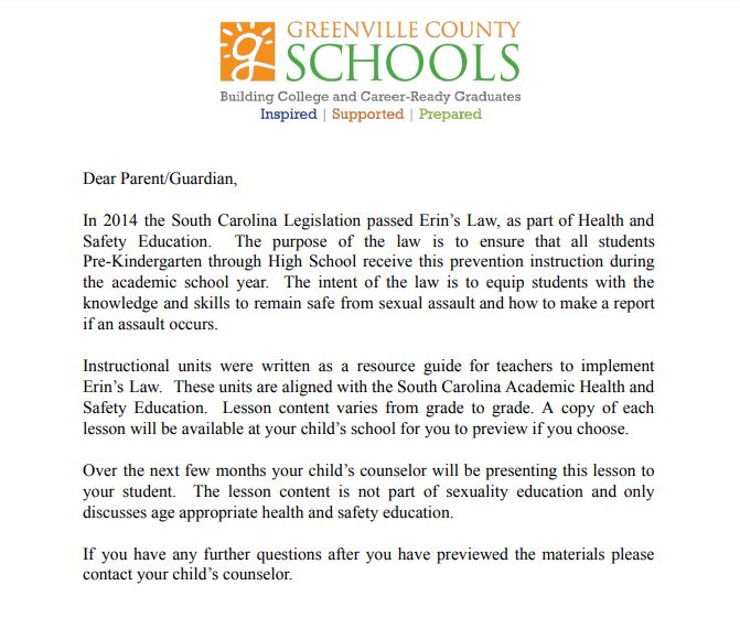 Letter about Erin's Law Lesson from Counselor: Click for PDF