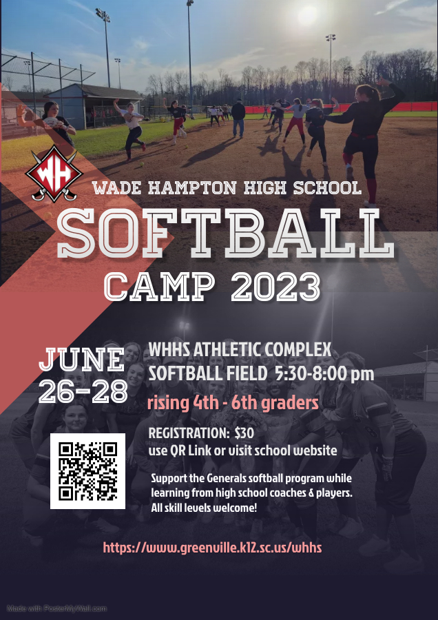 Please join us in supporting the Generals Softball Program while learning from high school coaches and players. All skill levels welcome!   Registration: $30  WHHS Athletic Complex  Softball Field 5:30-8:00 pm June 19th-21st