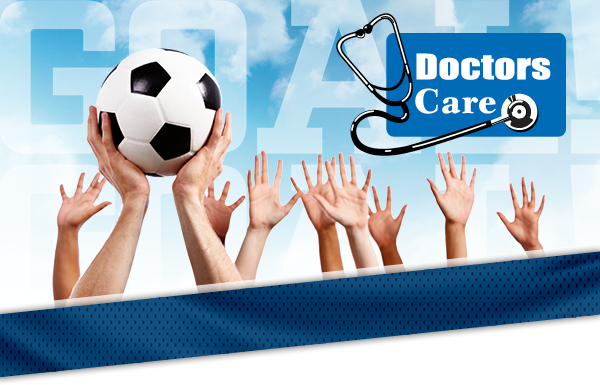 Blue and white graphic, with several student hands, held up in the air. One pair of hands is holding a soccer ball. In the top right, is a "Doctor's Care" Logo with a stethoscope.