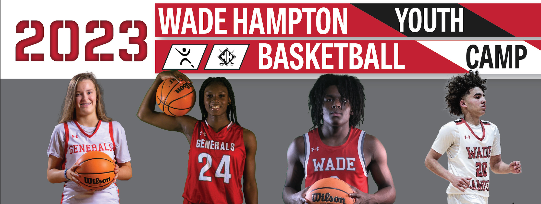 2023 Wade Hampton Youth Basketball Camp with 4 basketball players below.