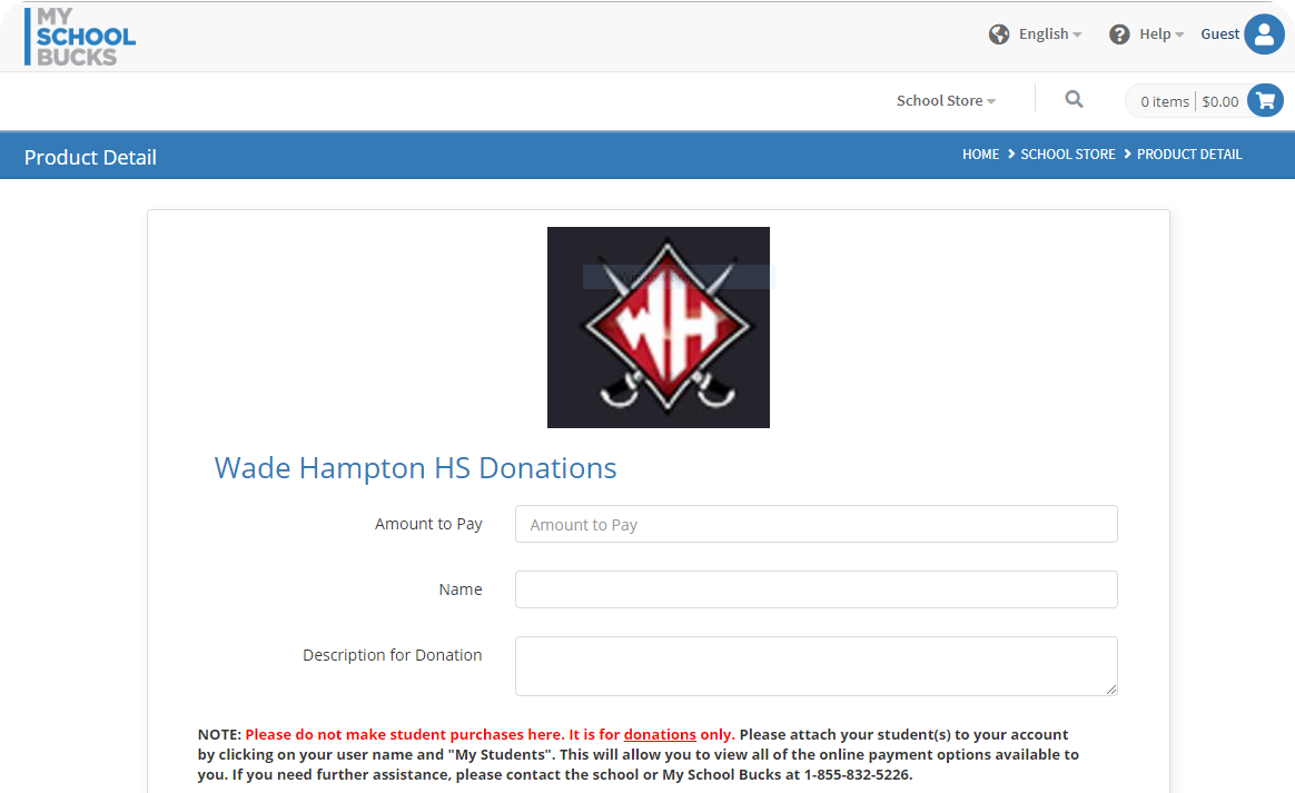 screenshot of donation example page