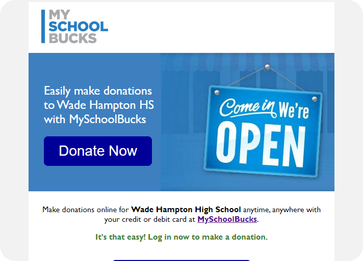screenshot of myschoolbucks donation landing page.