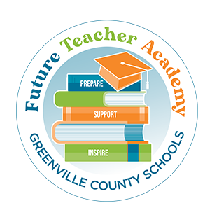A circular illlustration featuring blue, orange, and green books stacked. The books have a title Prepare Support Inspire, and the words Future Teacher Academy Greenville County Schools is written around the circle. There is a graduation cap on top of the books.